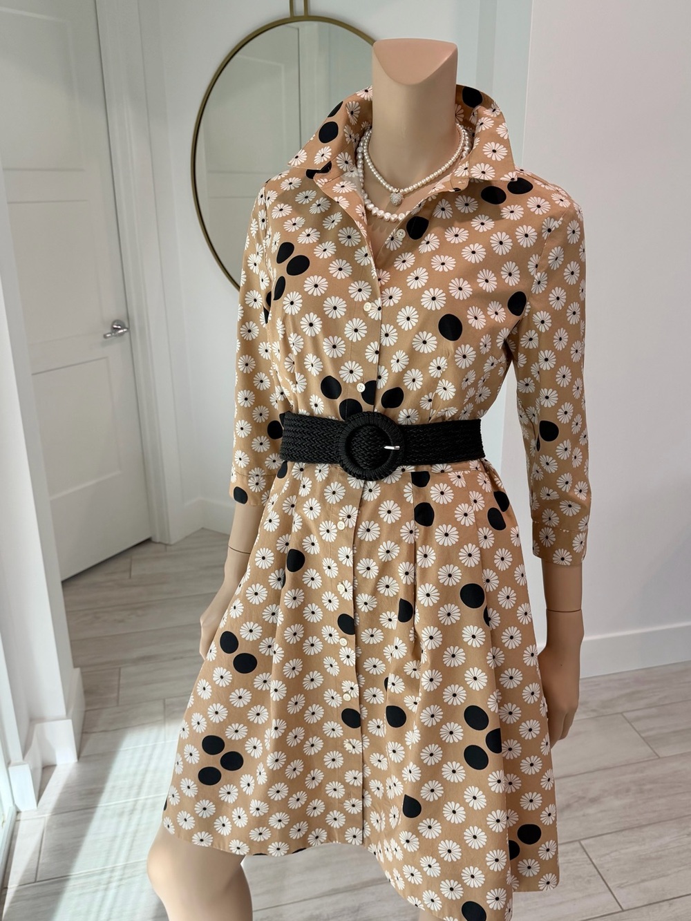 Talbots Petite Women’s Shirt Dress | Size 8P | Camel/Black/White | Cotton